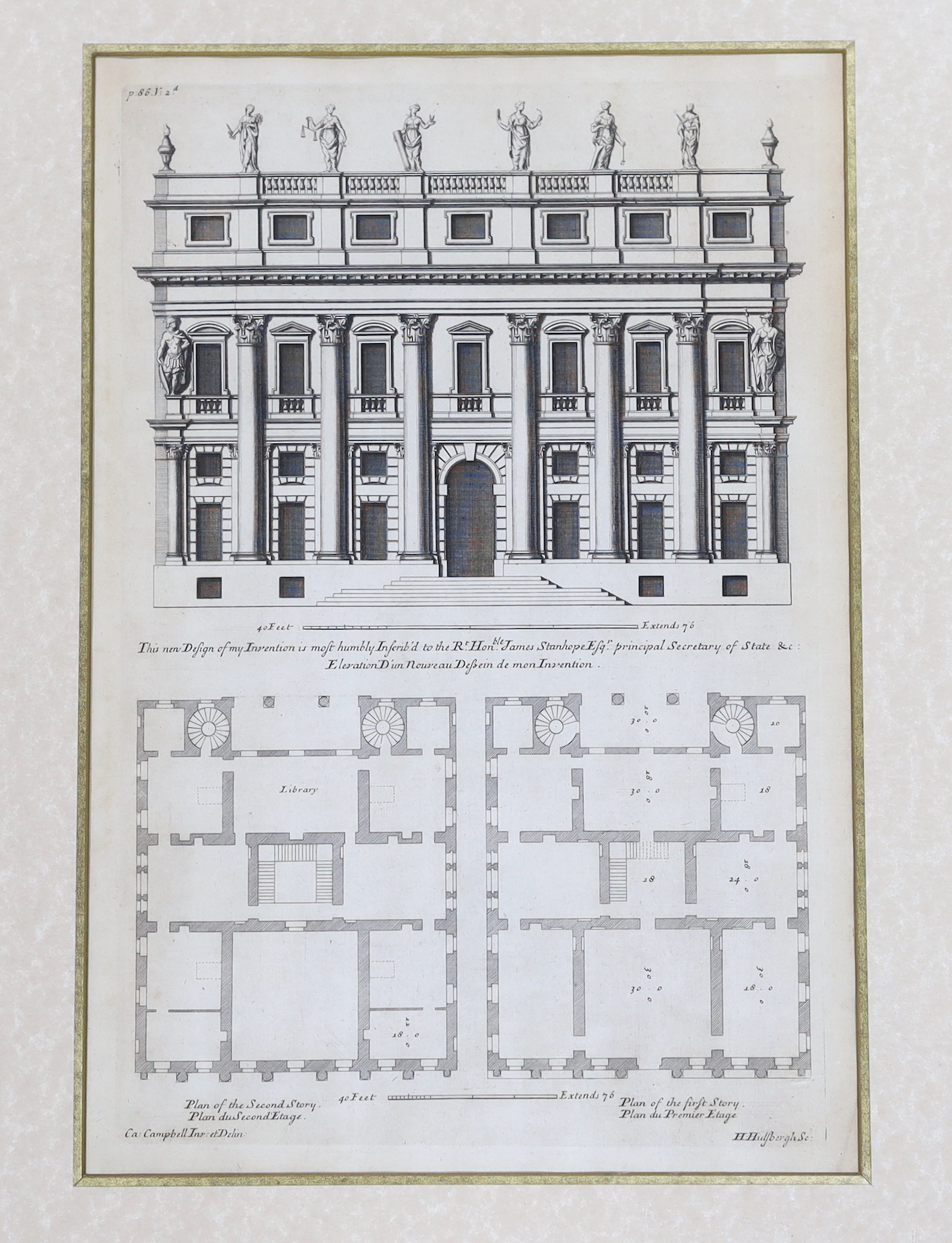 After Colen Campbell (Scottish, 1676-1729), architectural engraving from Vitruvius Britannicus, 39 x 26cm